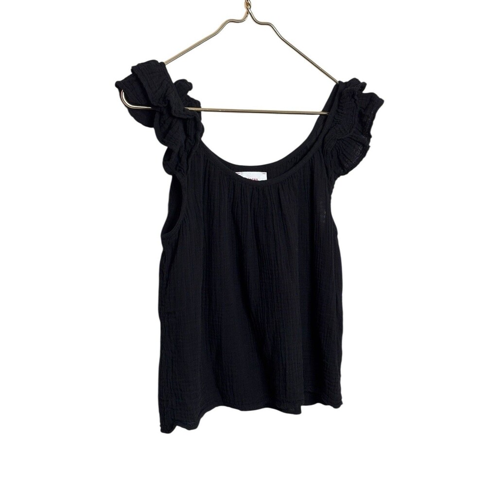 XIRENA Ruffle Detail Scoop Neck Tank Top in Black Sz Sm